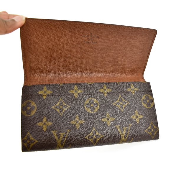 LOUIS VUITTON: Brown, "LV" Logo & Leather Folding Long Wallet (xm) - Picture 6 of 10